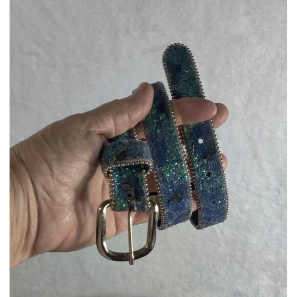 VTG 80s Belt Evening Sparkle Multicolor Blue Green Silver Glitter Sz S Party - Picture 11 of 11